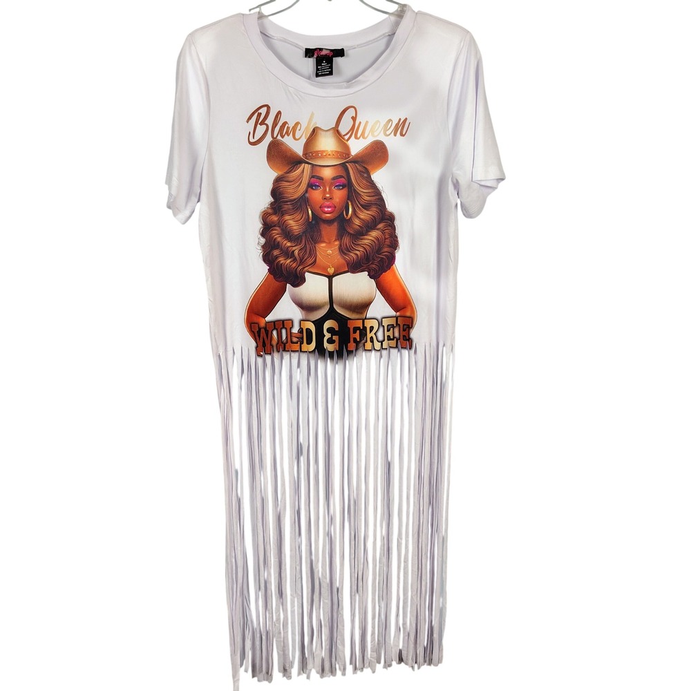 Womens M Black Queen Wild & Free Fringe Graphic Tee White Western Cowgirlcore